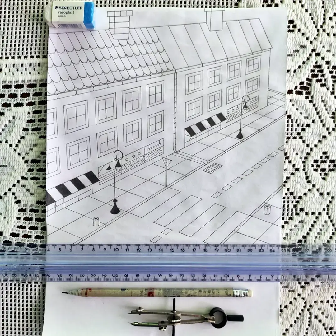 Pencil drawing of a city street Pencil drawing of a city street